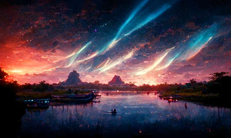 3D illustration In the universe, there is a galaxy with stars and a mountain view lake in the night sky background with stars and space dust. A landscape with a gradient of stars among the galaxiesの写真素材