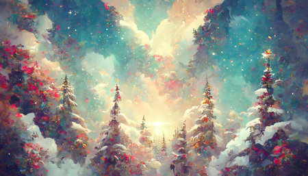 Fairy forest, christmas big snowy fir trees against background. Natural Scenery Realistic Illustration. 3D Render beautiful artwork. Colorful Impressionism.の写真素材