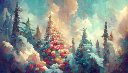 Fairy forest, christmas big snowy fir trees against background. Natural Scenery Realistic Illustration. 3D Render beautiful artwork. Colorful Impressionism.の写真素材