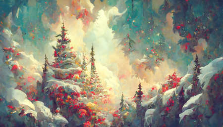 Fairy forest, christmas big snowy fir trees against background. Natural Scenery Realistic Illustration. 3D Render beautiful artwork. Colorful Impressionism.の写真素材