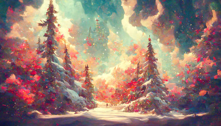 Fairy forest, christmas big snowy fir trees against background. Natural Scenery Realistic Illustration. 3D Render beautiful artwork. Colorful Impressionism.の写真素材