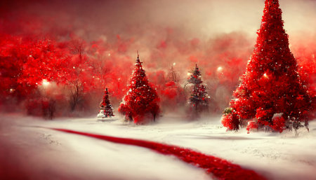 3D Render Merry Christmas HD Wallpaper with Abstract red fractal composition. Beautiful artwork seasonal illustration and copy space background.の写真素材