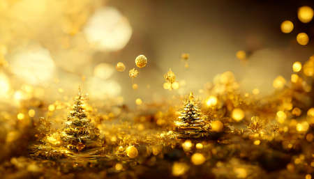 3D Render Golden Merry Christmas HD Wallpaper with bokeh defocused lights. Beautiful artwork seasonal illustration and copy space background.の写真素材