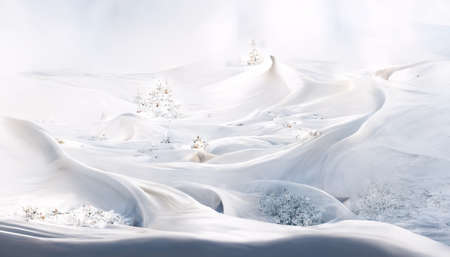 3D Render Merry Christmas HD Wallpaper with snowy night with firs, falling snow. Beautiful artwork seasonal illustration and copy space background.の写真素材