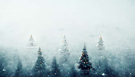 3D Render Merry Christmas HD Wallpaper with snowy night with firs, falling snow. Beautiful artwork...