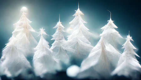 3D Render Merry Christmas HD Wallpaper with snowy night with firs, falling snow. Beautiful artwork seasonal illustration and copy space background.の写真素材