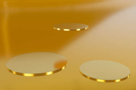 3D rendering Empty gold cylinder podium on golden background. Abstract minimal studio 3d geometric shape object. Mockup space for display of product design. Golden Mockups.の写真素材