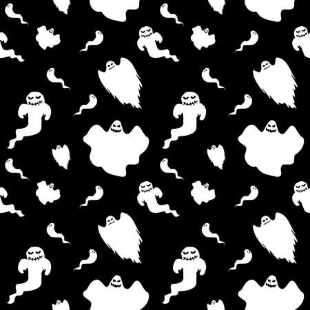 Halloween decorations concept. Seamless pattern with white icons. Design elements for halloween party poster. Flat cartoon illustration. Objects isolated on a black background.のイラスト素材