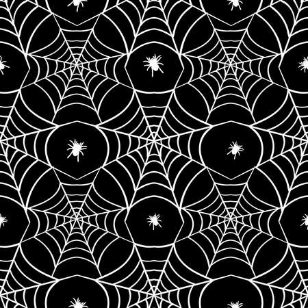 Halloween decorations concept. Seamless pattern with white icons. Design elements for halloween party poster. Flat cartoon illustration. Objects isolated on a black background.のイラスト素材