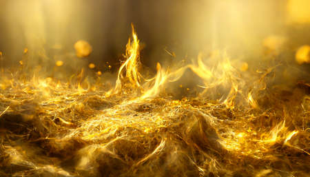 3D Render Golden Flame of fire Abstract on black background.