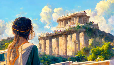 3D Render digital art painting of Traveler girl enjoying vacations in Greece. Young woman looking at Acropolis. Decoration for the interior. Modern abstract canvas art. vintageの写真素材