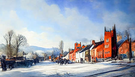 Digital art painting Wonderful Winter in Ledbury town, Herefordshire in England. 3D illustrationの写真素材