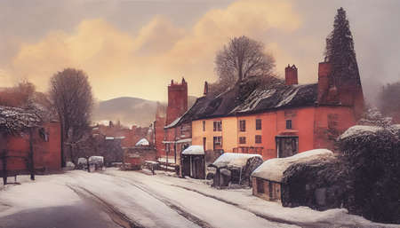 Digital art painting Wonderful Winter in Ledbury town, Herefordshire in England. 3D illustrationの写真素材