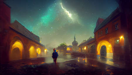 Colorful Digital art background of fantasy alleyway. HD Wallpaperの写真素材