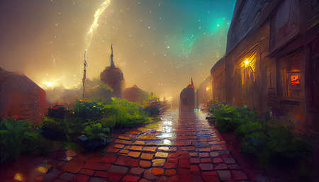 Colorful Digital art background of fantasy alleyway. HD Wallpaperの写真素材
