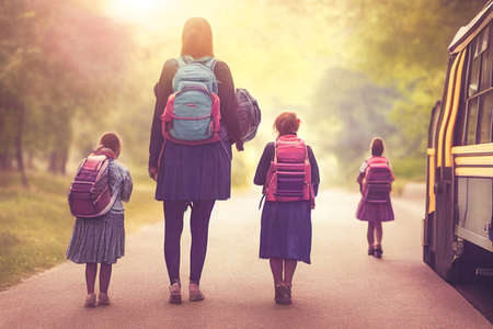 Mother on the way sending daughter girl to school bus in the first day of study learning. Back to school concept. 3D illustrationの写真素材