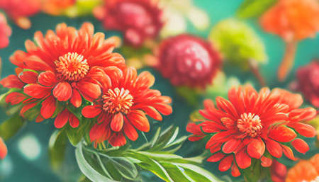 Digital art background Fresh floral background with Chrysanthemum flowers in red and orange, vibrant green foliage, and blurred plantsの写真素材