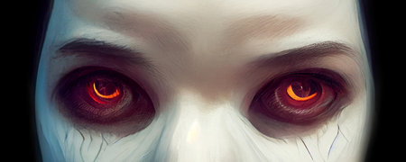 3D Render Close up of scary eyes looking at camera against black background.