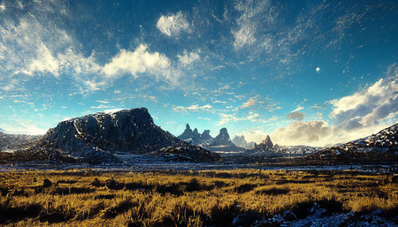 Peaceful scenery of beautiful autumn mountains, sky, moon, snowy mountains and tall patches of yellow grass. 3D illustrationの写真素材