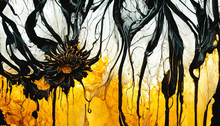 Abstract Sunflowers torn asunder wallpaper with black paint. Beautiful wallpaper. 3D illustration