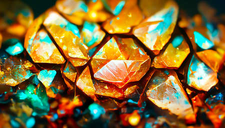 3D Render gemstone texture of the precious crystal background. Copy space. Colored shiny bokeh...