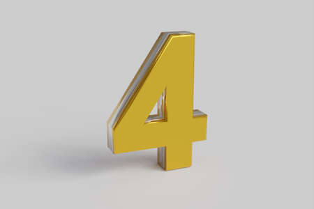 Glossy letter number Four 3D render gold font with silver outline isolated over white background with shadow and reflection. Clipping path included.の写真素材