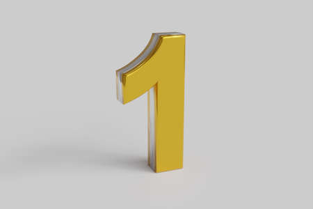 Glossy letter number One 3D render gold font with silver outline isolated over white background with shadow and reflection. Clipping path included.の写真素材