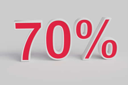 70% off on sale. Seventy percent 3D render red font with white outline isolated over white background with shadow and reflection. Clipping path included.の写真素材
