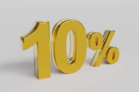 10% off on sale. Ten percent 3D render gold font with silver outline isolated over white background with shadow and reflection. Clipping path included.の写真素材