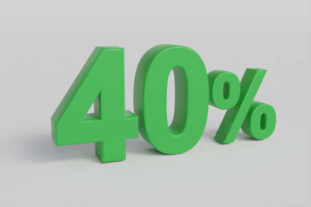 40% off on sale. Fourty percent 3D render green font isolated over white background with shadow and...
