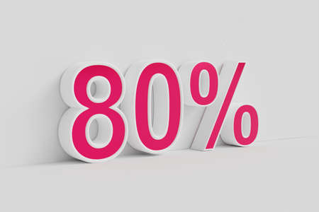 80% off on sale. Eighty percent 3D render red font with white outline isolated over white background with shadow and reflection. Clipping path included.の写真素材