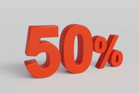 50% off on sale. Fifty percent 3D render red font isolated over white background with shadow and reflection. Clipping path included.の写真素材