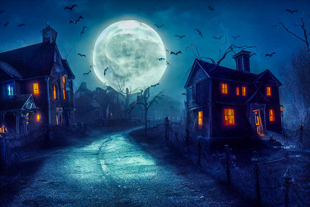 3D illustration of a Halloween concept background of realistic horror house and creepy street with moonlight. Digital art background.の写真素材
