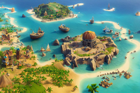 3D Render of Caribbean pirate archipelago in isometric perspective. Thriving pirate city port in the style of civilization.の写真素材