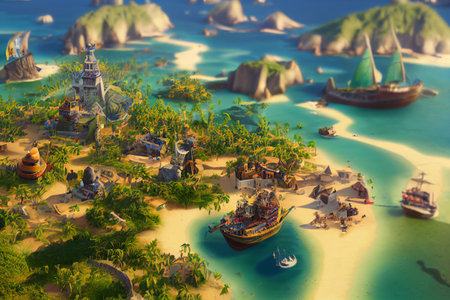 3D Render of Caribbean pirate archipelago in isometric perspective. Thriving pirate city port in the style of civilization.の写真素材