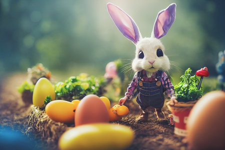 3D render of cute little rabbit peasant dressed in overalls, checkered shirt, straw hat, and long...