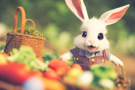 3D render of cute little rabbit peasant dressed in overalls, checkered shirt, straw hat, and long...