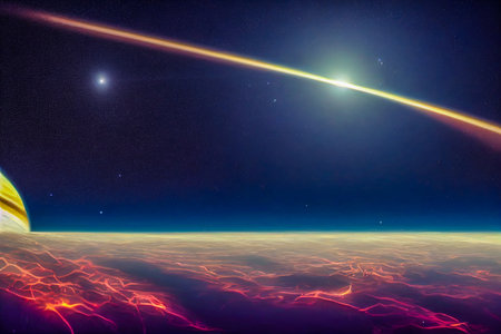 3D render of dark night space landscape with half lighted Jupiter at horizon and very small planets...