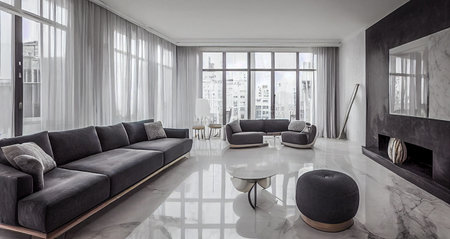 Modern living room 3D render with white luxurious furniture,Â white glossy marble floor and creative wooden chairsの写真素材