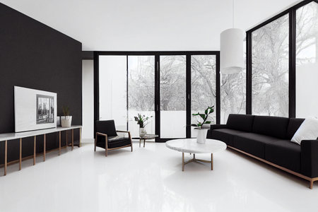 Modern living room 3D render with white luxurious furniture,Â white glossy marble floor and creative wooden chairsの写真素材