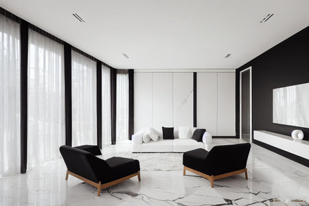Modern living room 3D render with white luxurious furniture,Â white glossy marble floor and creative wooden chairsの写真素材