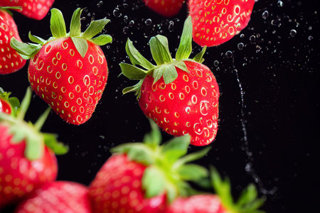 3D render illustration strawberries in water splash isolated on black backgroundの写真素材