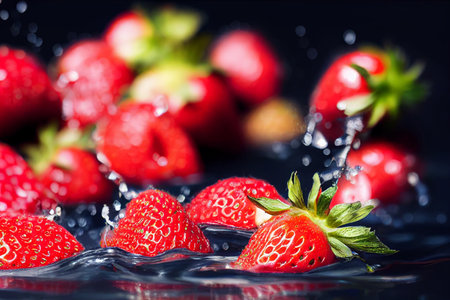 3D render illustration strawberries in water splash isolated on black backgroundの写真素材