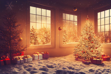 3D illustration of a Christmas tree house with ornaments and colored lights, surrounded by snow.Â Beautiful Wallpaperの写真素材