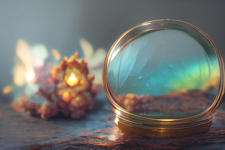 High resolution 3D render illustration of glass orb spectral wallpaper made from gold metal.の写真素材