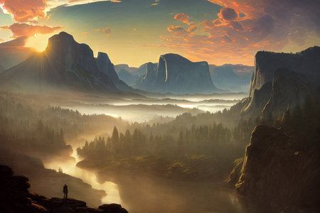 River Mountains Sunrise Vast Landscape digital art background with selective focus and blur.Â Nature wallpaper.の写真素材