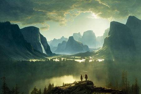 River Mountains Sunrise Vast Landscape digital art background with selective focus and blur.Â Nature wallpaper.の写真素材