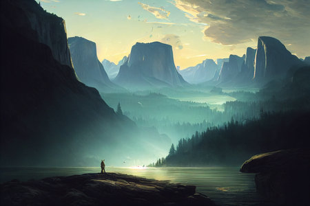 River Mountains Sunrise Vast Landscape digital art background with selective focus and blur.Â Nature wallpaper.の写真素材