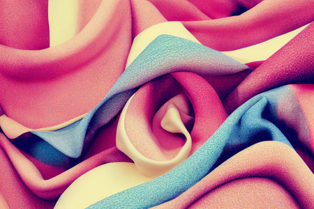 3D render of undulating fabric creamy colors with complex texture. Silk fabric beige organza macro...
