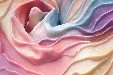 3D render of undulating fabric creamy colors with complex texture. Silk fabric beige organza macro texture abstract background.の写真素材